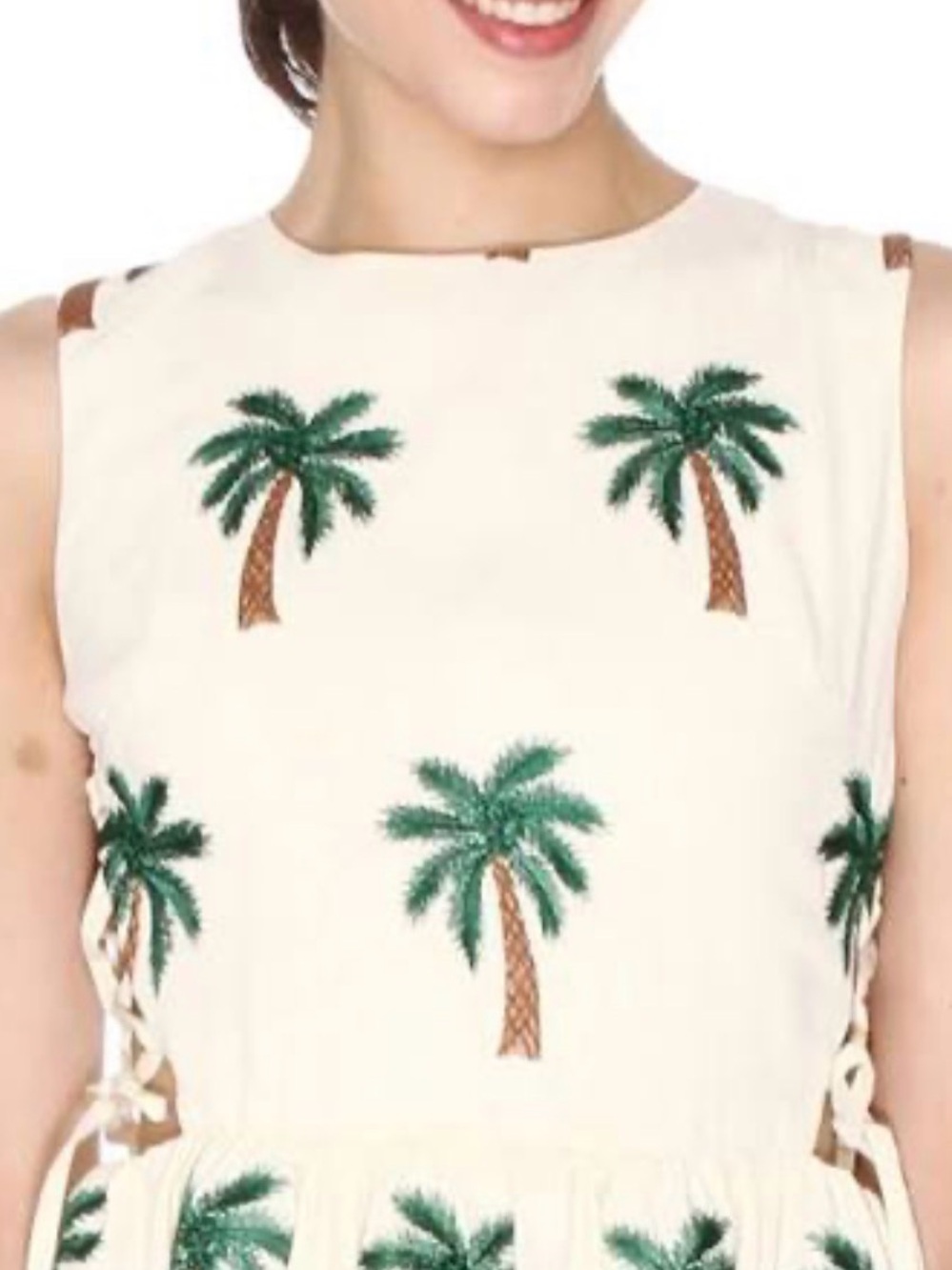 Cream Midi Dress with Green Palm Embroidery